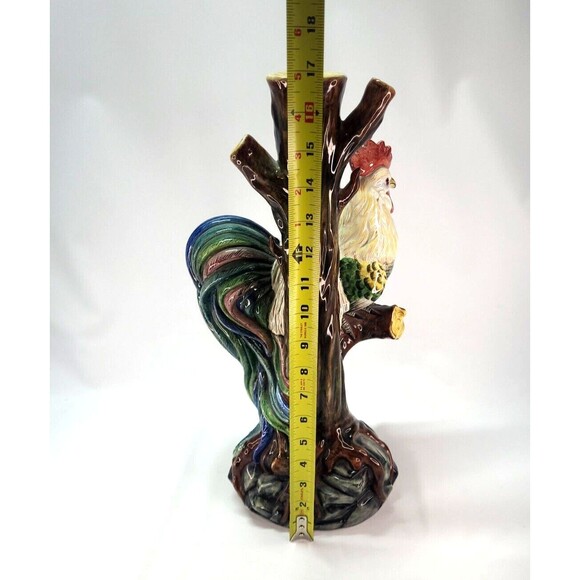 17" Italian Majolica Lamp Base Rooster & Tree Figurine Italy Hand Painted Signed - Picture 14 of 16